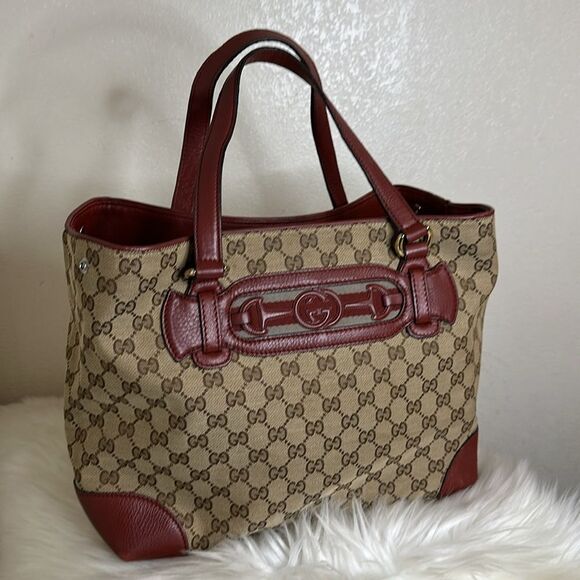💯 Authentic Gucci Beige/Red GG Canvas and Leather Medium Supreme Tote🍀 - Picture 8 of 15